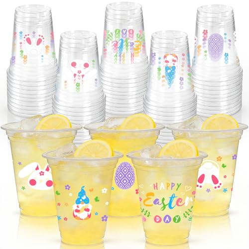 GuassLee Easter Party Cups - 50pcs 12oz Easter Bunny Clear Plastic Disposable Cups Set for Kids Adults Drink Snacks Party Favors Supplies