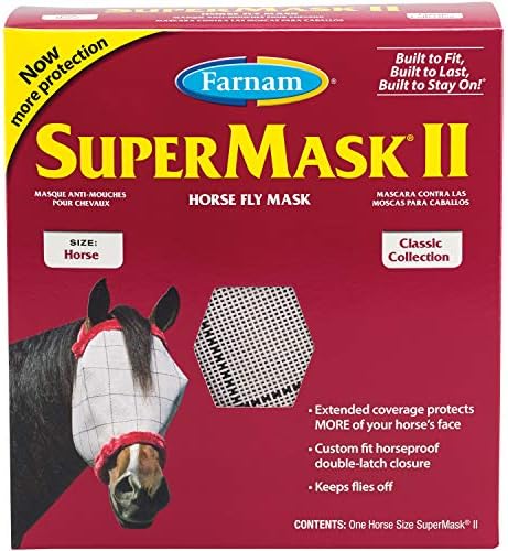SuperMask II Fly Mask Without Ears for Average Size Horses, Full Face Coverage and Eye Protection from Insect Pests, Structured Classic Styling Mesh with Plush Trim, Horse Size