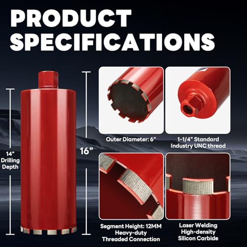 Image of Premium 6 inch Wet Core Drill Bit for Hard Concrete with High-Density Diamond, Precision-Welded Segments, 1-1 /4 inch-7 UNC x 14 inch Depth, Industrial Grade for Concrete Rebar, Brick, Masonry, Asphalt