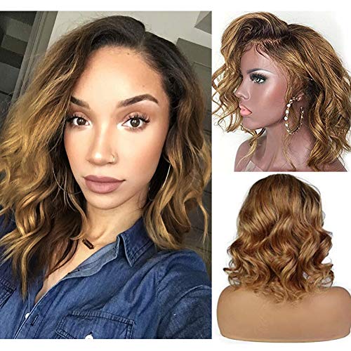 Body Wave Human Hair Ombre Lace Front Wigs with Baby Hair Short Bob Wavy 1b27 Two Tone Brazilian Hair for Black Women Bleached Knots (16inch, Full lace Wig)