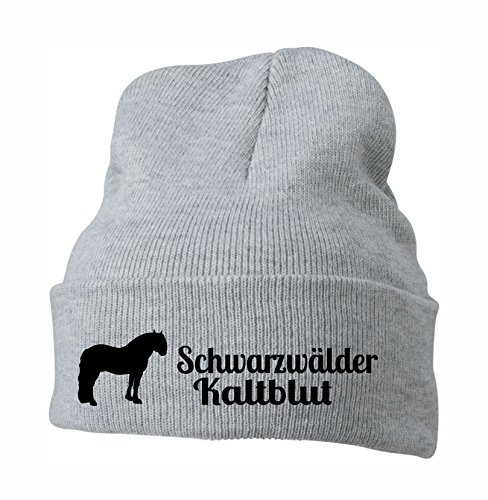 siviwonder Strickmütze Pferde - SCHWARZWÄLDER KALTBLUT Zug und Fahrpferd Arbeitspferd Freizeitreitpferd - Stickerei Pferd Winter Mütze Wintermütze Beanie Mütze hellgrau-schwarz