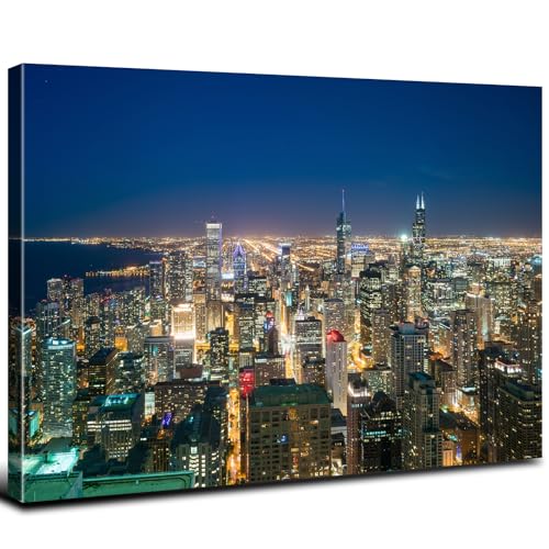 Image of Large City Skyline Wall Art for Office Chicago Wall Decor USA Downtown City Picture Modern Cityscape Painting Canvas Prints Night City Aerial View Poster Panorama Artwork for Bedroom Home Decorations 32x48 inch
