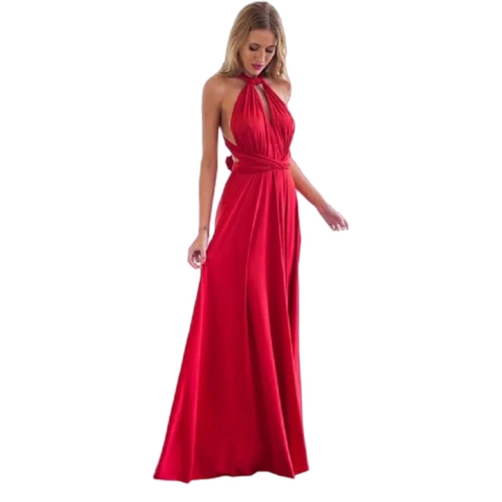 Vestito Abito da Donna Multimodo Maxi, V-Neck Strappy Lungo per Eleganti Feste Estive E Vacanze-Peach-Pink-XS（Old）