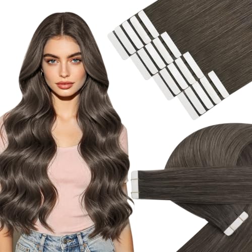 Image of YoungSee Tape in Extensions Ash Brown Invisible Tape in Hair Extensions Human Hair Mocha Brown Can be Heat-Styled Tape ins Human Hair Extension for First-time Users 50g 16 Inch 20pcs
