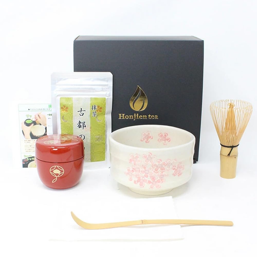 Honjien Tea ほんぢ園 Respected Elders' Day Matcha Set for Beginners, Authentic Trial 6-Piece Set, Tea Utensils, Gift, Present, Gift Item, 144 Pink Shell Sakura (Nasubi Red) : Food, Beverages & Alcohol