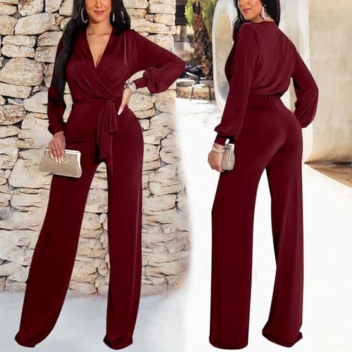 Image of shengfan Formal Jumpsuits for Women Dressy Evening Sexy Deep V Neck Plus Size Long Wide Leg Pants Rompers Clubwear