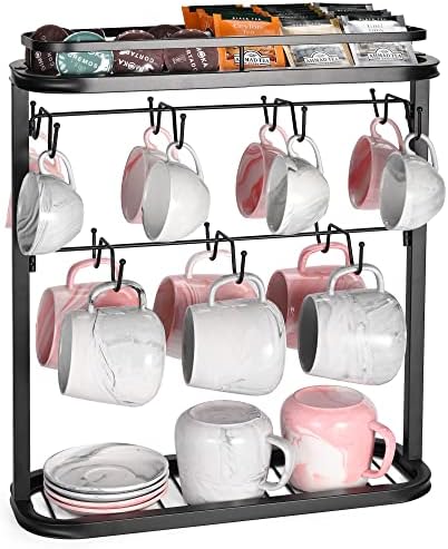Coffee Mug Holder, 2 Tier Mug Tree Metal Double-Side Mug Holder for Holds At Least 14 Mugs, Counter Coffee Cup Holder Organizer with Storage Shelves for Coffee Mug Cups, Black(Mugs Not Include)