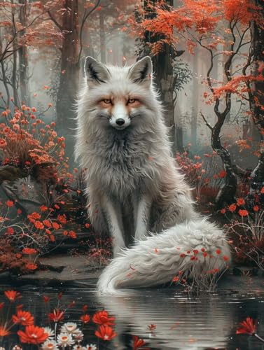 5D Diamond Painting Renard, Diamond Painting Adulte Grand Format Fleur Activité Manuelle Adulte, Mosaique Loisir Creatif DIY Diamant Complet Rond Canevas...