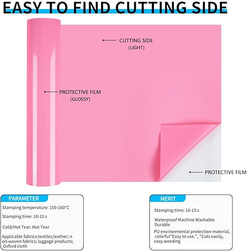 Miniatura 3 de guangyintong Rollos de vinilo de transferencia de calor rosa HTV de 12 pulgadas x 25 pies, vinilo rosa para planchar para camisetas, vinilo HTV rosa