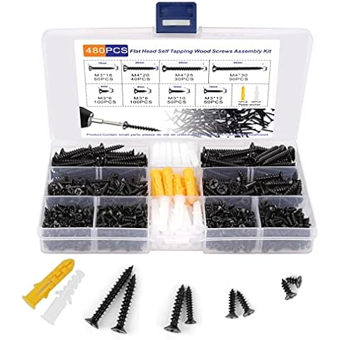Small Screw Assortment Kit Carbon Steel Screws M3 M4 Self Tapping Wood Screws Set for Home DIY Projects(480pcs) Cover