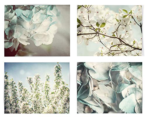Lisa Russo Fine Art - Blue Shabby Chic Floral Wall Decor Flower Prints - Set Of 4 - Not Framed - Pastel Blue, White (4 5X7 Prints Only) #TOP7