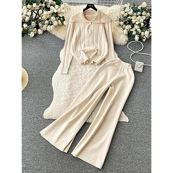 DUOTCYELE Set Due Pezzi Lavorato A Maglia da Donna - Set Loungewear Pullover Caldo A Righe con Bottoni Risvolto E Pantaloni A Gamba Larga Abito Ampio Addensato Invernale da Donna