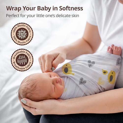 Image of LuvLap 100% Cotton Muslin Baby Swaddle Set, Baby Towel, Size-120cm x 100cm (47 inchx39 inch), Hearts Birds Printed on White, 0-18 Month+, Printed Mulmul Muslin Swaddle Wrap for New Born, Pack of 6