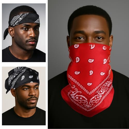 simarro 3 Stück Bandana Kopftuch Damen und Herren, 55 x 55 cm Paisley Muster Halstuch Pirat Cowboy Tuch Vierecktuch für Headwear Haar Schal Ansatz Handgelenk Biker (Rot, Schwarz, Weiß)