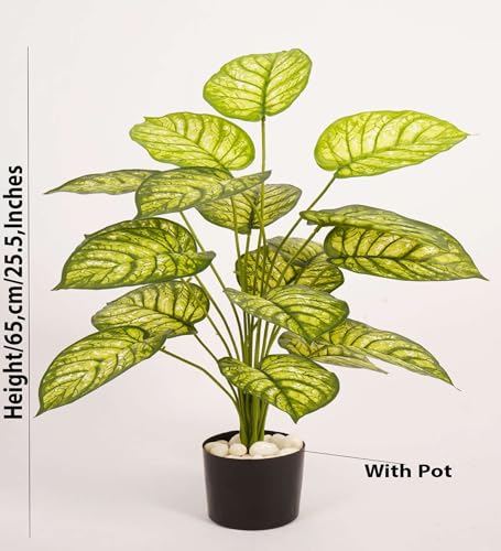 Image of ARICK Decor 2.1Ft Artificial Dieffenbachia Plant with 18 Leaves, 65cm Tall Faux Variegated Tropical Dumb Cane in Black Pot, Realistic Large Silk Leaf Potted Tree for Home, Office & Interior Styling