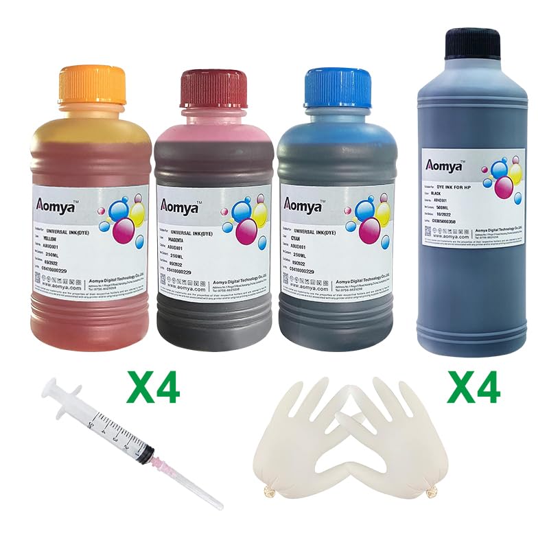Aomya 4-Pack Ink Refill Kit 500ml 250ml Universal Dye Bulk Ink for HP Inkjet Printers Refillable Cartridge CISS CIS System (9 oz) with Syringe&Glove