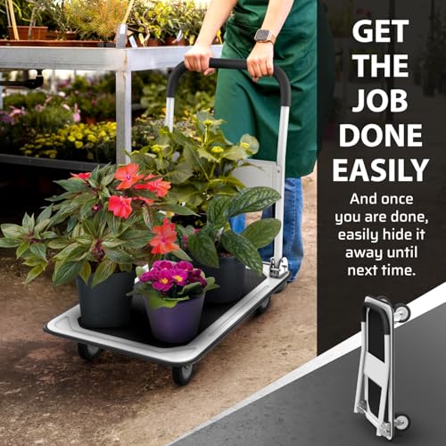 Image of Heavy Duty Foldable Push Cart Dolly | 330 lbs. Capacity | Upgraded Collapsible Hand Truck Folding Platform with Swivel Wheels | Flat Bed Moving Wagon | Space Saving Push Handle (White)