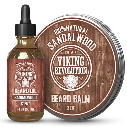 Viking Revolution Sandelholz-Bartbalsam für Männer (57 ml) und Sandelholz-Bartöl (29,6 ml) Bündel – mit Argan- und Jojoba-Ölen – macht Ihren Bart weich und befeuchtet – Strumpffüller für Männer