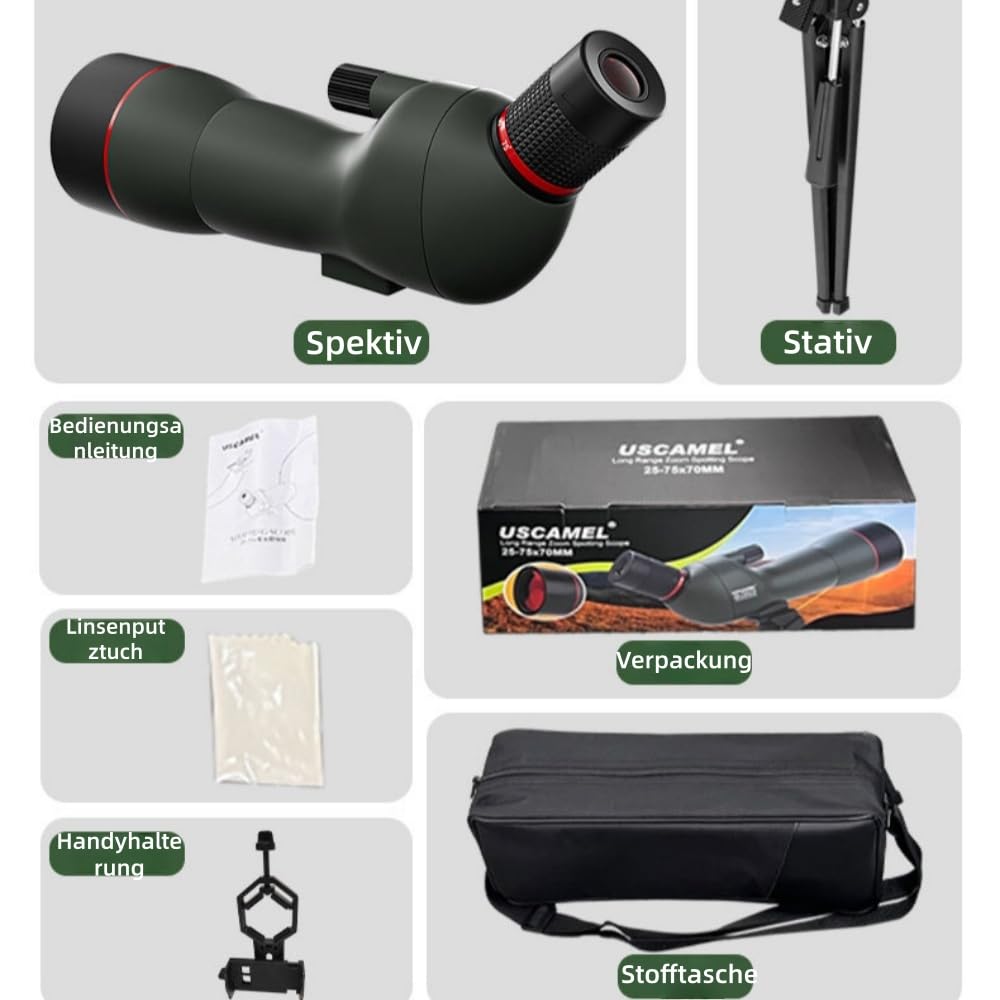 Norwiss Spektiv 25-75x70 mm Zoomobjektiv mit Stativ, Handy-Adapter & Tragetasche für Vogelbeobachtung