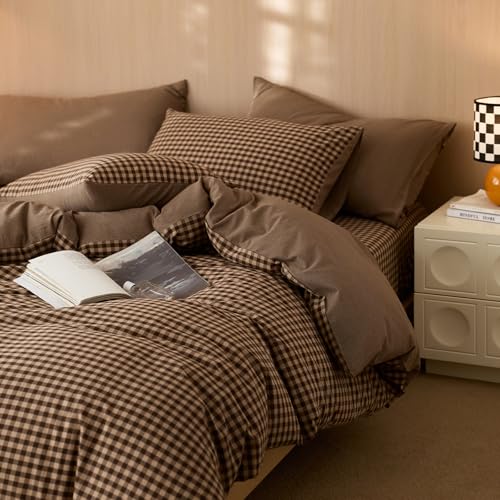 Image of EAVD Vintage Brown Gingham Plaid Duvet Cover Set Queen 3-Piece Soft 100% Washed Cotton Bedding Set Retro Checkered Bedding Set with 2 Pillowcases Neutral Plaid Comforter Cover with Zipper