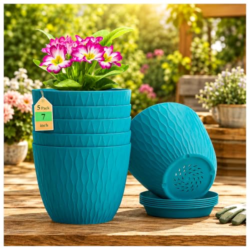 Image of SWAPKART (Pack of 5 6 Inch Plastic Flower Pots for Indoor & Outdoor Terrace,Garden Plants Decorative Planters with Drainage Holes & Matching Saucers Durable & Lightweight (Peacock)