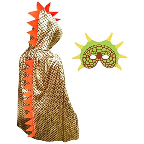 DKINY Dinosaur Cape Kids Book Character Outfit Dinosaur Fancy Dress Up Cape Cosplay with Mask and Gloves for Boys Girls Childrens World Book Day Costumes (Gold) Cover