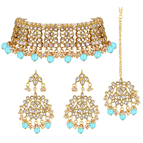 Image of Aheli Elegant Indian Faux Kundan Studded Choker Necklace with Maang Tikka Set Ethnic Wedding Wear Bharatanatyam jewellery set Gift for Women