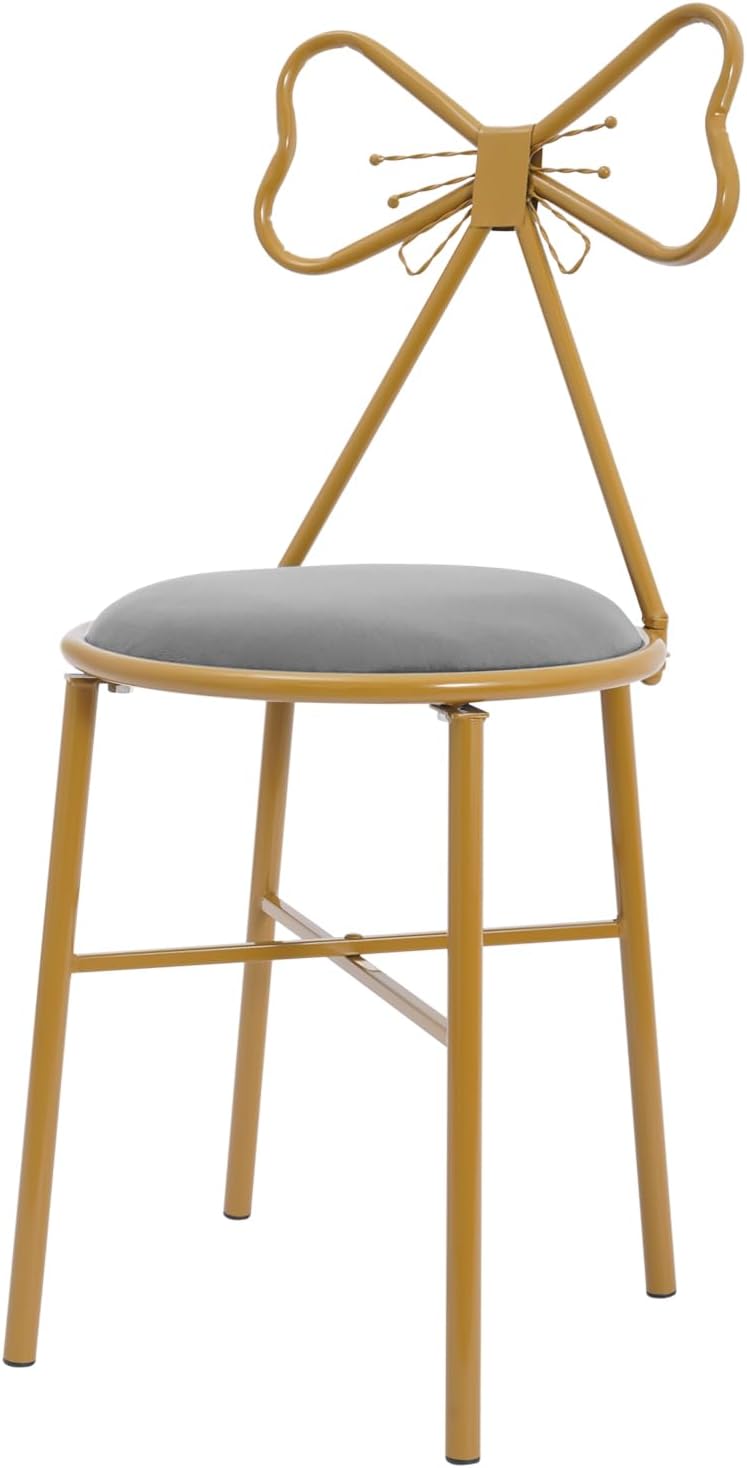 Gdrasuya10 Vanity Chair Stool, Cute Makeup Chair w/Butterfly Backrest and Grey Cushion, Girl's Ottoman Bench Metal Bench Legs Gold Dining Chair for Kitchen Bedroom