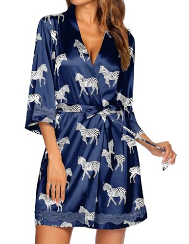 Ekouaer Womens Lace-Trim Silk Robes Bride Bridesmaid Kimono Satin Bathrobe V Neck Sleepwear with 3/4 Sleeve