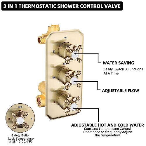 Backnets Solid Brass 3 Way Thermostatic Shower Diverter Mixing Valve Replacement 3 Outlet Shower Mixer Rough-In Valve With Trim Kit Brushed Gold, Use One Function At A Time #TOP1