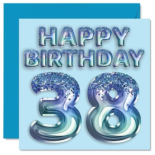 Stuff4 Tarjeta de cumpleaños número 38 para hombres, globo de fiesta con purpurina azul, tarjetas de feliz cumpleaños para hombre de 38 años, hermano, amigo, tío papá, 145 mm x 145 mm, tarjetas de
