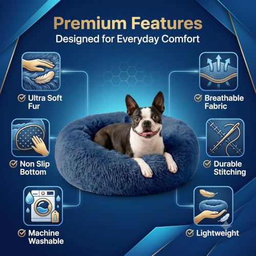 Image of ZEXSAZONE Round Donut Pet Bed for Cats and Puppies Dogs, Cozy and Plush, Raised Bedside Support, Both Sides Use Like 2 in One, Washable, Sizes for Small, Medium, and Large Pets. (Blue, Medium)