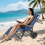 Majnesvon 2 in 1 Beach Chair, Beach Cart Chairs with Wheels, Folding Tanning Lounge Chair with Integrated Wagon Pull Cart, for Patio Backyard Pool or Picnic (Dark Blue)