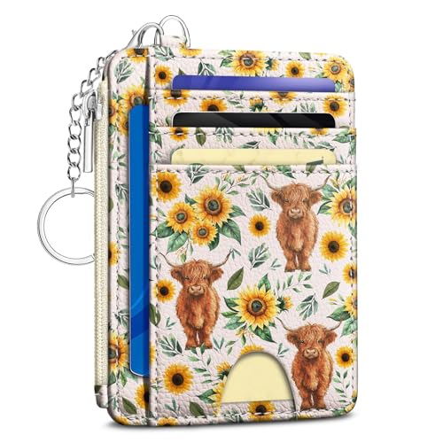 Image of Kelvoris Highland Cow Credit Card Holder Small Wallet Women, Cute Slim RFID | Keychain, Zipper Coin Pocket, Front Pocket Thin Travel Card Case, Minimalist, 6 Card Slots, 1 ID Window, Ladies Gifts Woman