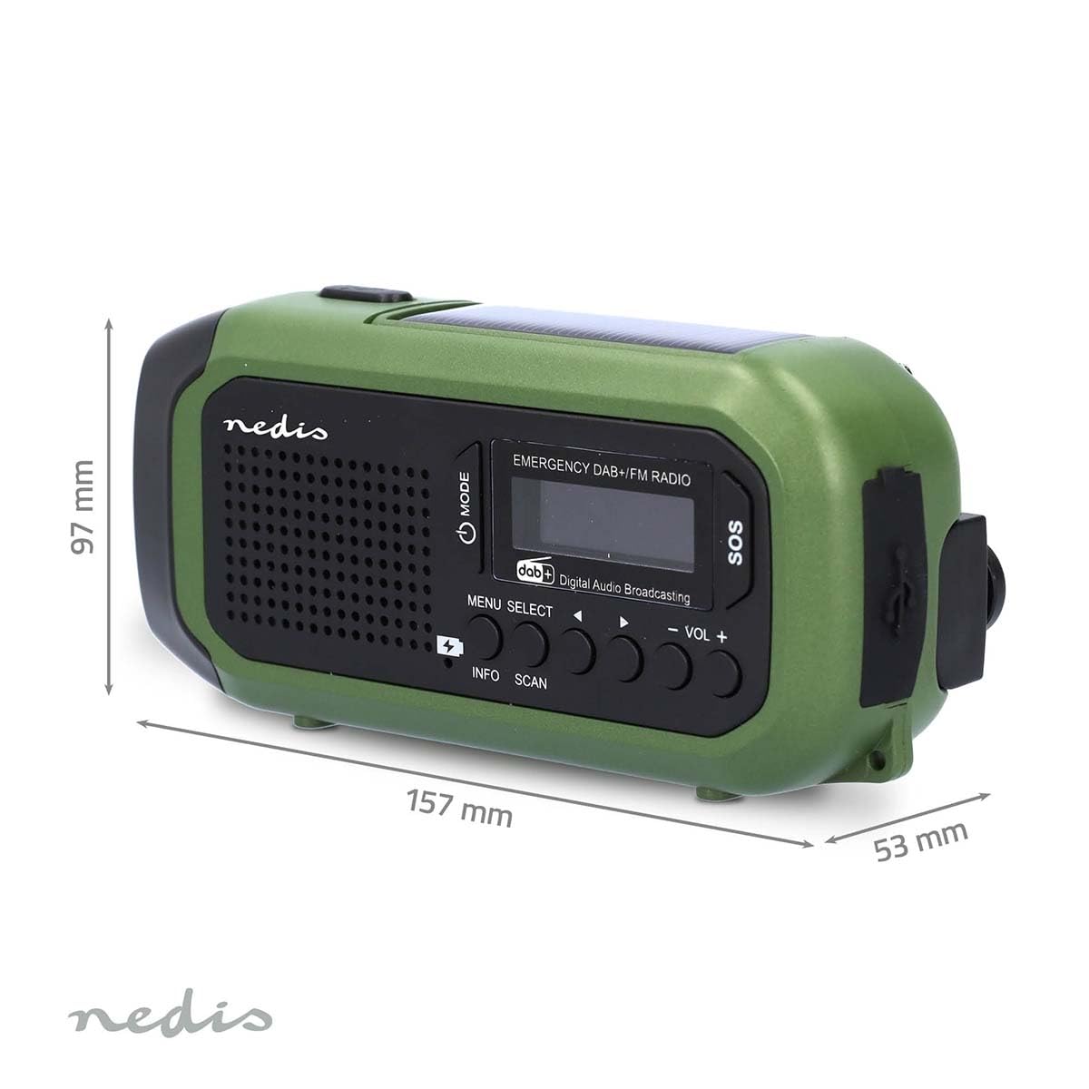 Notfallradio - Tragbare Ausführung - DAB+ / FM - Batteriebetrieben/Handkurbel/Solar Powered/Stromversorgung über USB - Wecker - Grün/Schwarz