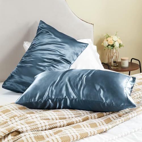 Image of GO WELL Solid Satin Silk Pillow Covers Pack of 2 for Hair and Skin-with Satin Scrunchies |Satin Pillow coves for Hair and Skin|scrunchies for Women 3-Piece|Silk Pillow case (Bluesteel) 800Tc
