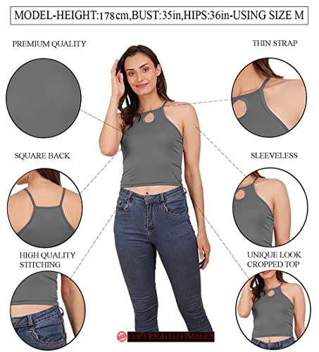Image of A1586 Women's Lycra Notch Neck Stretchy Casual Solid Sleeveless Crop Top