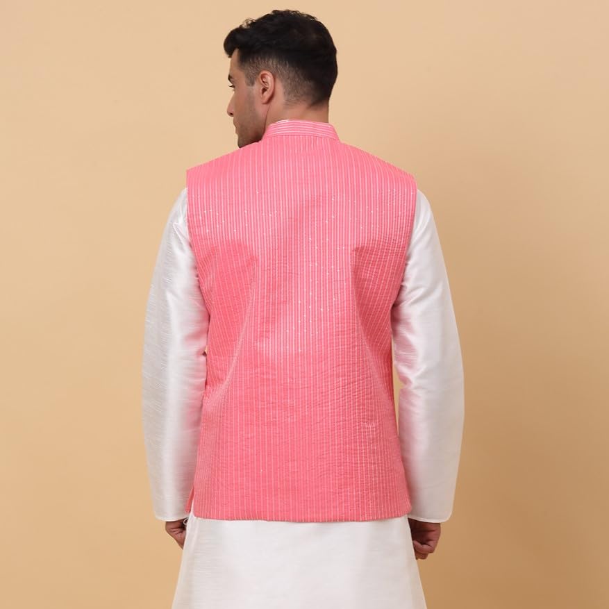 Mens Silk Blend Sequenced Striped Waistcoat, Nehru Jacket Only, Ethnic Traditional Wear2