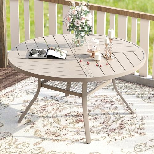 Image of VICLLAX Round Patio Table with Adjustable Umbrella Hole for 6, All Weather Metal Outdoor Dining Table for Lawn Garden, 47.2 inch Outdoor Coffee Table, Cream Color Frame