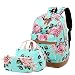 Teens School Backpack Set, Canvas Girls Bookbags 14" Laptop Backpack, 3 in 1 with Lunch Tote Bag Clutch Purse (Water Blue with Floral)