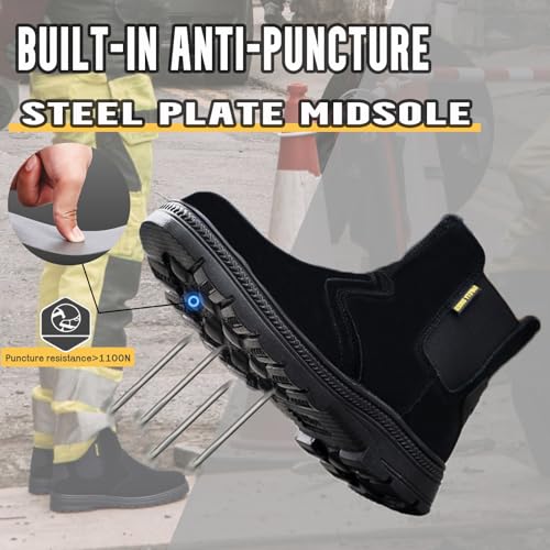Image of Steel Toe Work Boots for Men Slip-on Welding Work Shoes | Slip Resistant, Safety Toe Boots for Men for Industrial Construction, Warehouse