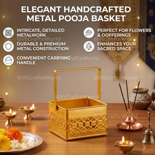 Image of Multipurpose Metal Basket For Gift Hamper, Pooja Temple Storage With Sturdy Handle, Decorative Flower Organizer & Versatile Puja Utility Accessories Home Decoration (Square Small 10cm)