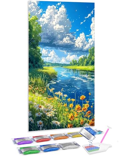 Cuadros de diamond painting 5D de ríos y flores para manualidades de adultos en el salón