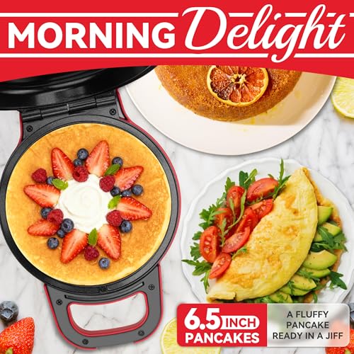 Image of SugarWhisk Flip Pancake Maker Machine, Ceramic Coated Pancake Pan for 6.5 Inch Pancakes, Omelette, Crepe & Quesadilla, Frittata, Double Sided Omelette Pan Nonstick, Red