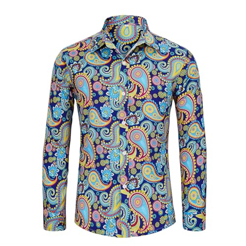 Zando Mens 70s Disco Shirt Retro Casual Button Down Disco Outfit Men Floral Vintage Long Sleeve Hip Hop Party Outfit Shirt