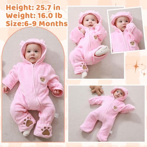 Image of Fairy Baby Newborn Baby Bear Outfit With Fold-Over Mittens Footies Thin Fleece Romper Hooded Jumpsuit Winter Coat Girls Boys
