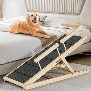 Dog Ramp for Couch, Bed or Car, Wooden 55″ Long Pet Stairs for Small & Large Old Dogs & Cats, Hold up to 250lb, 6 Adjustable Height from 19.68″ to 27.55″ Portable Doggie Steps, Excellent Traction