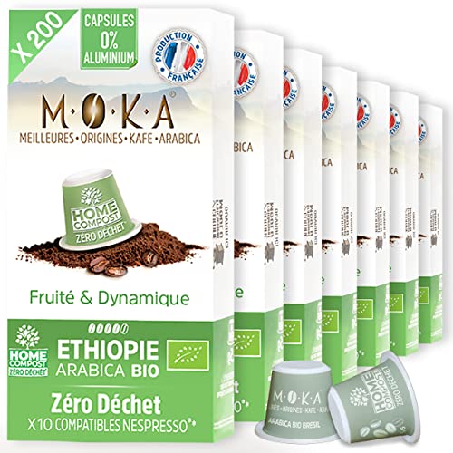MOKA 200 Cápsulas Compostables 100% Puro Arabica Etiopía Orgánica - Compatible con máquinas de cápsulas Nespresso - Intensidad 8 - Home Compost - Expresso y Lungo - Tostado en Francia
