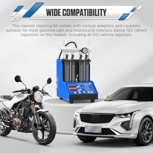 Fuel Injector Cleaner Tester Kit Ultrasonic Injector Cleaner Machine 9 Test Modes Fuel Injector Tester Cleaner 4 Cylinder Fuel System Injection Cleaning Tool Kit for 5V & 12V Motorcycle Car Injectors