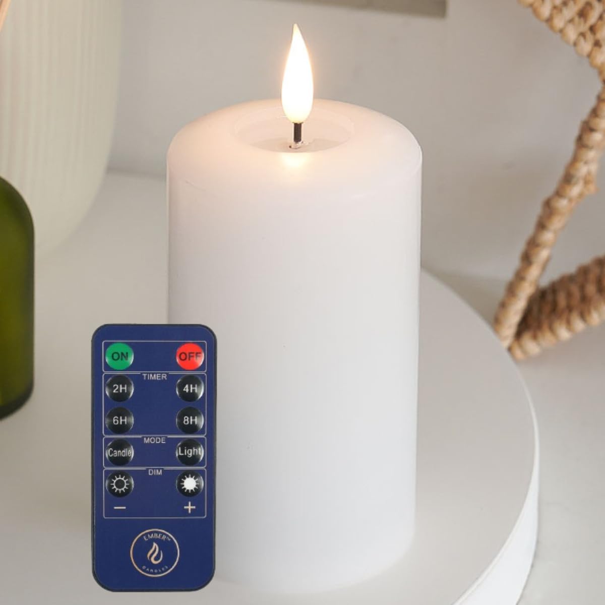 Ember Candles™ 12.5cm Signature White, LED Flickering Battery Candle with Remote & Timer, 100% Real Wax, Ultra-Realistic, Flameless, Hand-Poured Design Mood Lighting for Home, Parties, Events